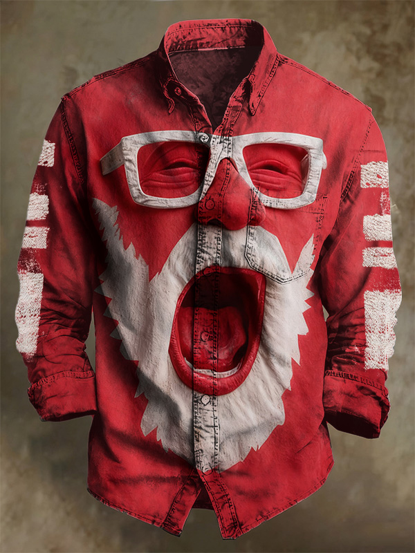 Men'S Retro Funny And Exaggerated Santa Claus Face  Art Print Pocket Long Sleeve Shirt