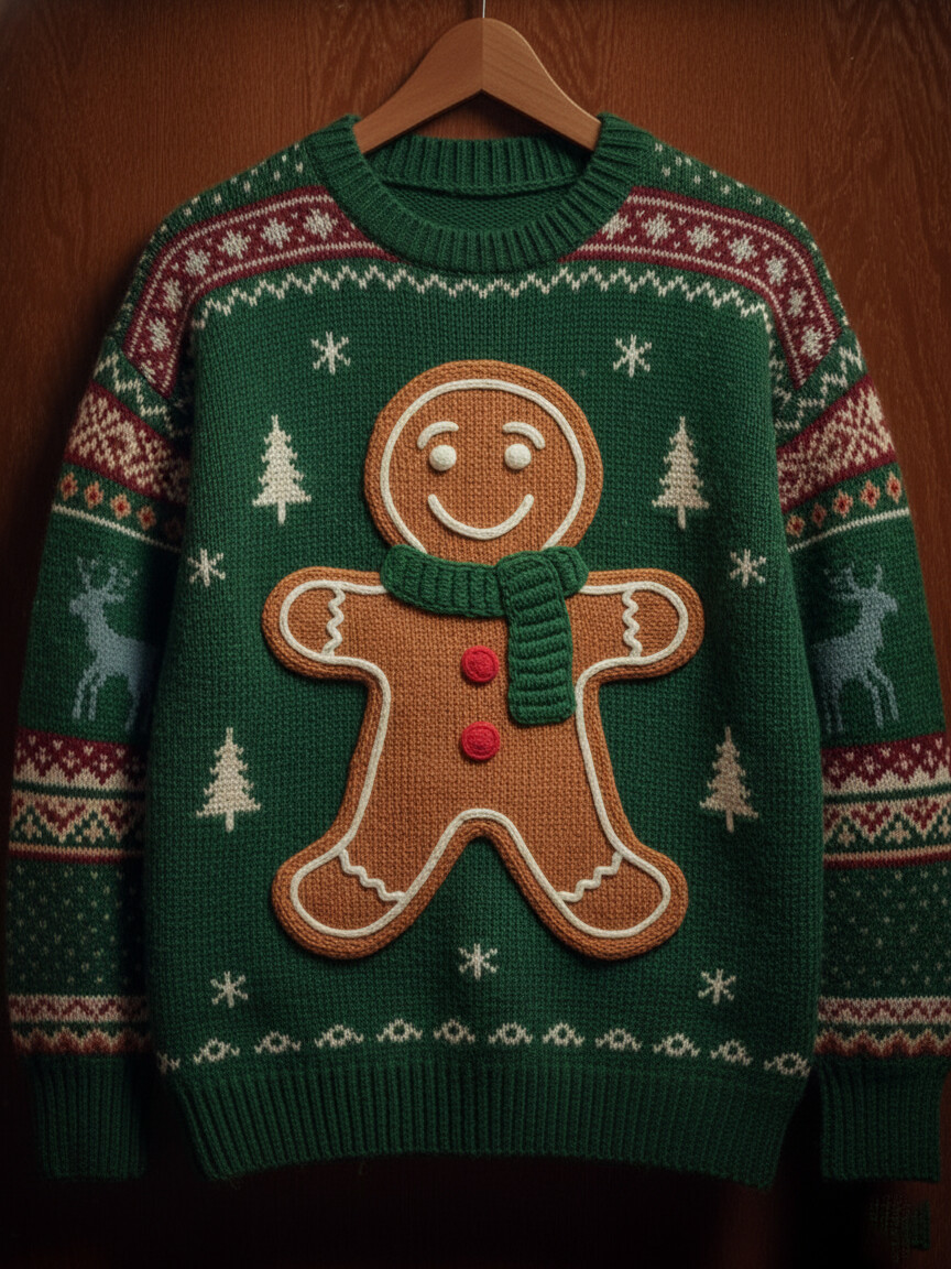 Men's Christmas Gingerbread Man Snowflake Print Knit Sweatshirt