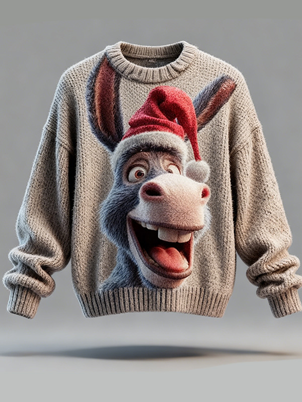 Men's Christmas Funny Donkey in Santa Hat Print Knit Sweatshirt