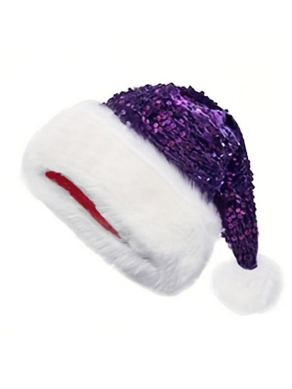 Christmas Sequin Faux Fur Trim Pom-Pom Santa Hat