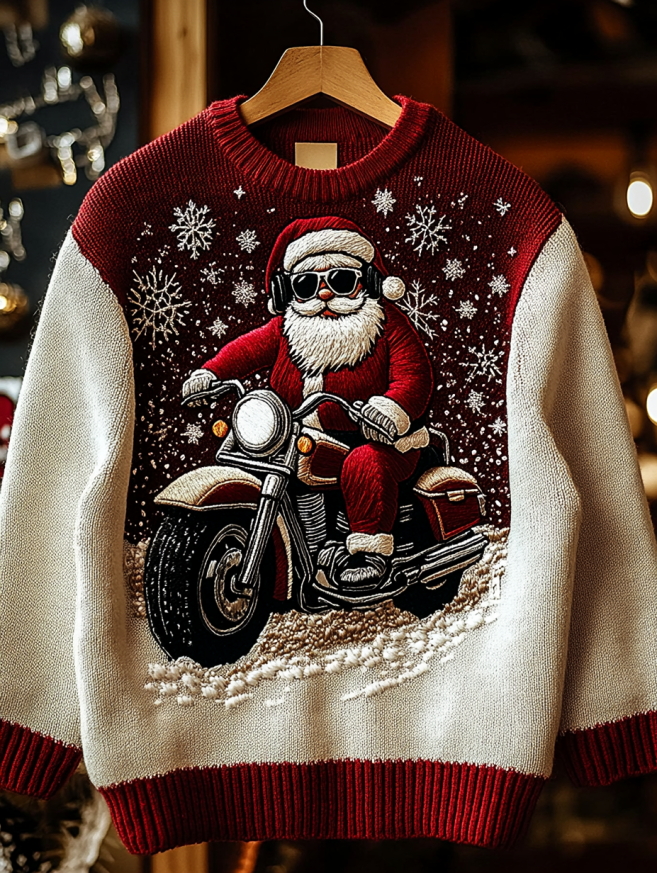 Men's Christmas Santa Claus Riding A Motorcycle Snow Scene Print Knit Sweatshirt