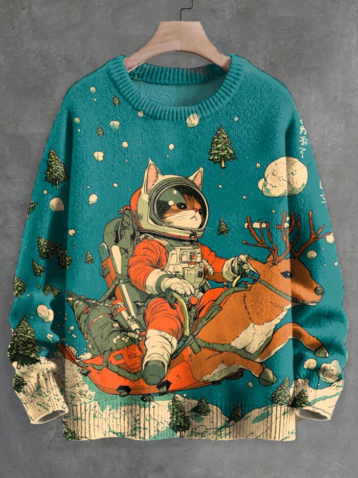 Men's Retro Astronaut Cat Christmas Reindeer Art Print Knit Sweatshirt