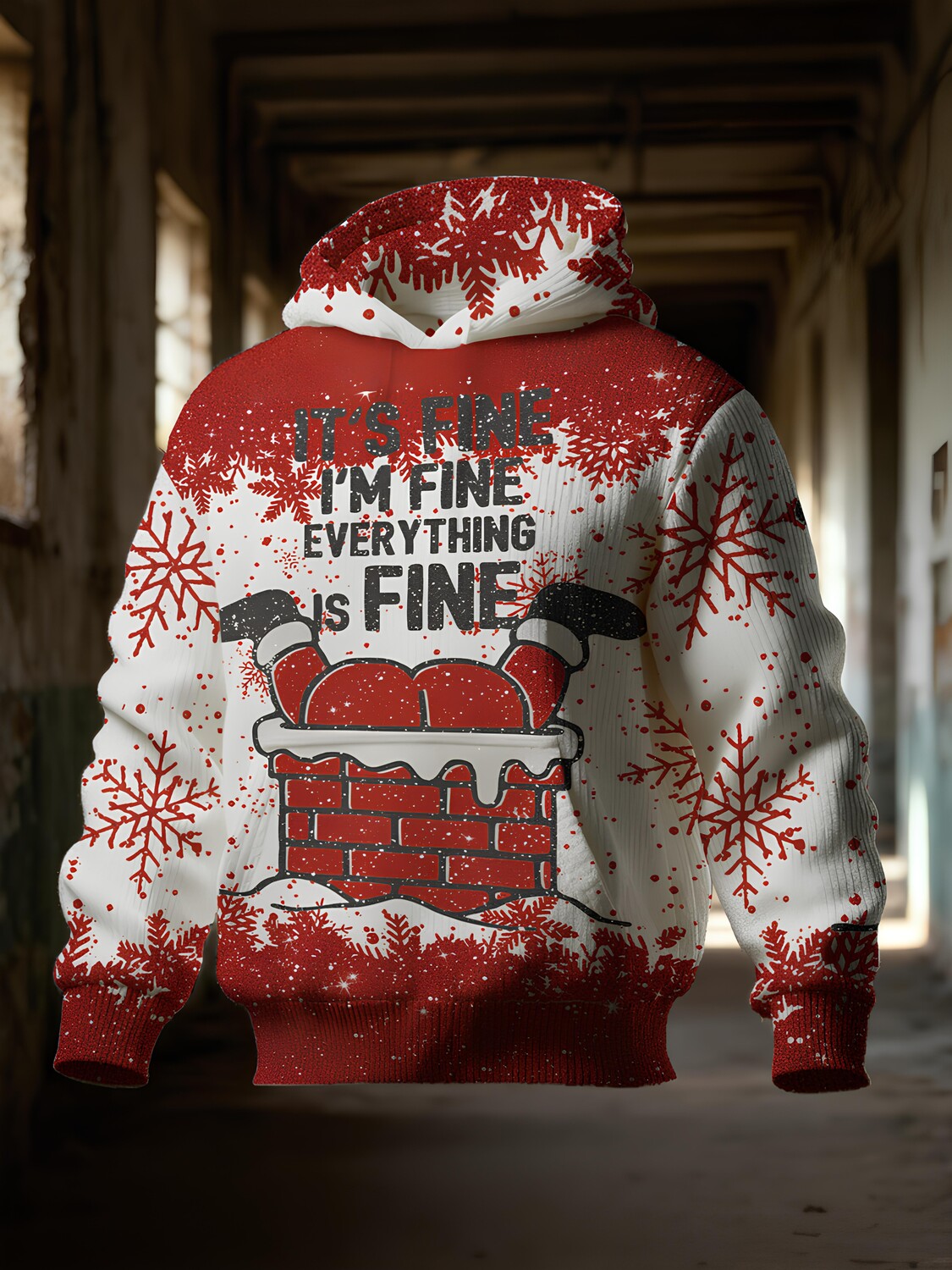 Men's Christmas Santa Stuck in Chimney It's Fine I'm Fine Everything Is Fine Print Casual Knit Hoodie