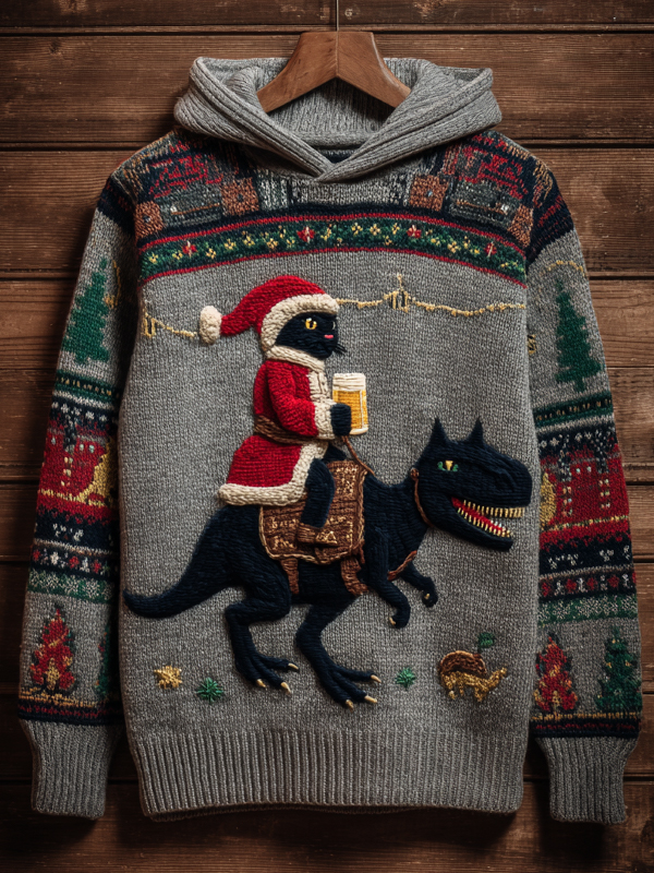 Men's Black Cat Riding A Dinosaur Christmas Theme Print Knit Hoodie