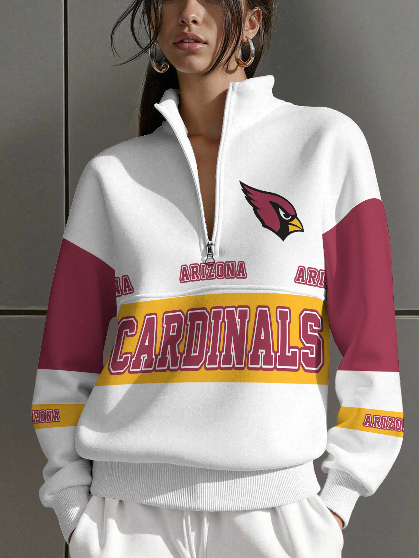 Arizona Cardinals  Women Plain Color Zip Up Long Sleeve Sweatshirt