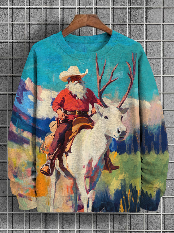 Men's Christmas Western Cowboy Santa and Reindeer Oil Painting Print Casual Sweatshirt