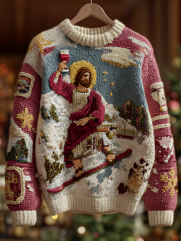 Men's Christmas Jesus Skiing Art Print Knit Sweatshirt