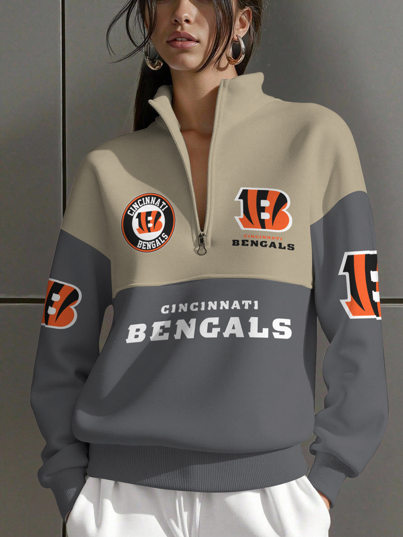 Cincinnati Bengals  Women Plain Color Zip Up Long Sleeve Sweatshirt