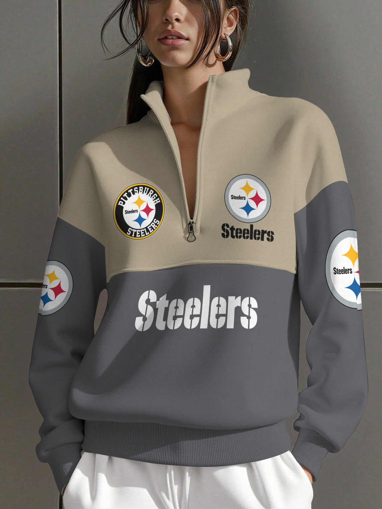 Pittsburgh Steelers  Women Plain Color Zip Up Long Sleeve Sweatshirt