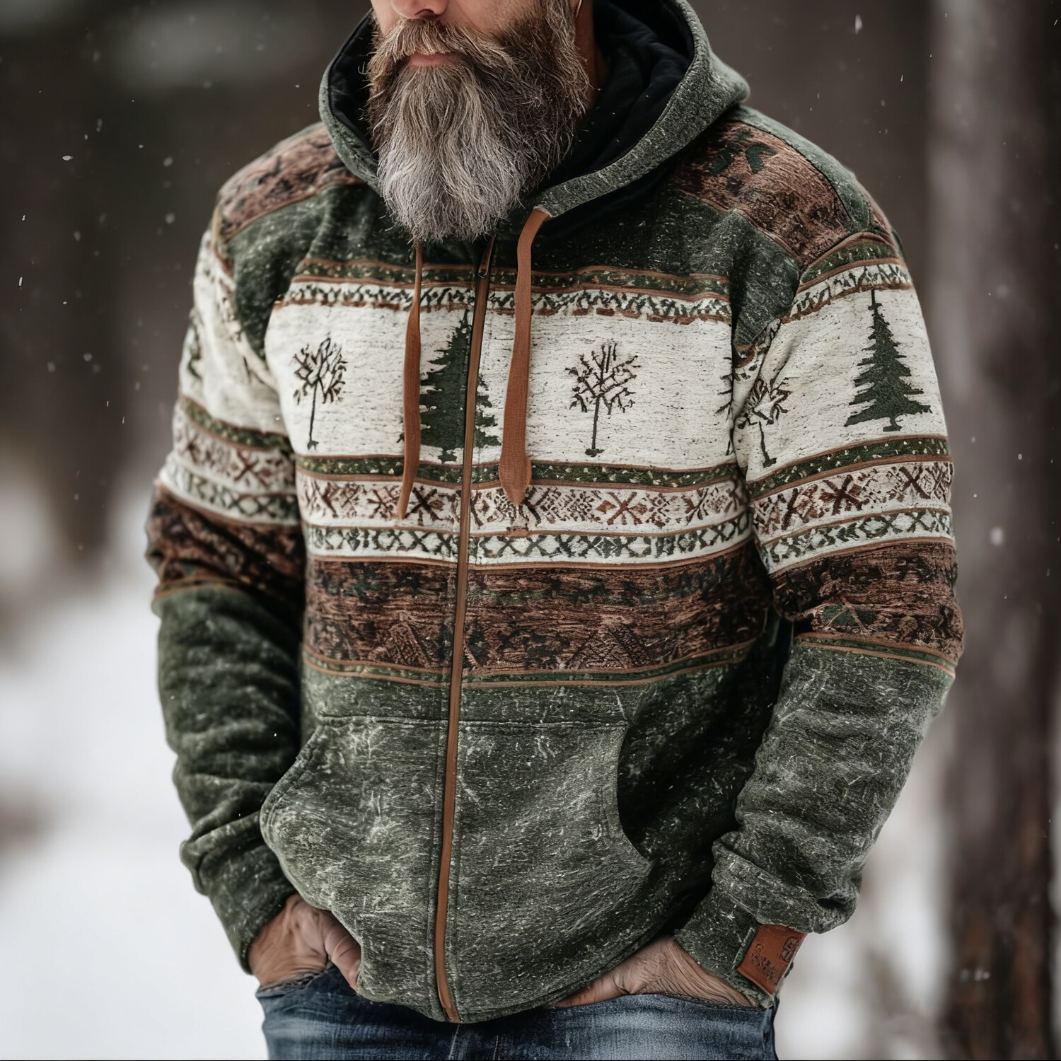 Men's Christmas Tree Geometric Art Print Hooded Zip Up Jacket