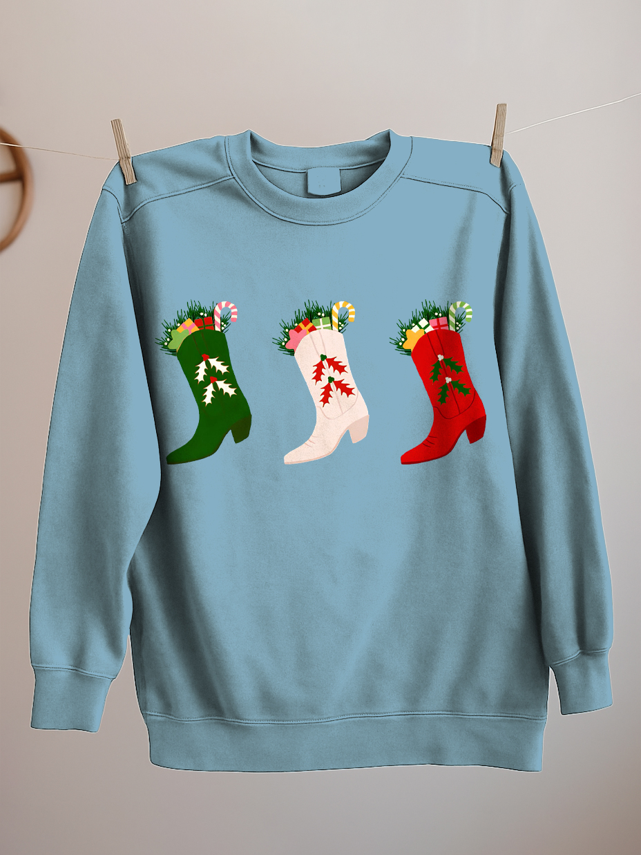 Women's Christmas Boots Graphic Print Cotton Long Sleeve T-Shirt Thin Sweatshirt