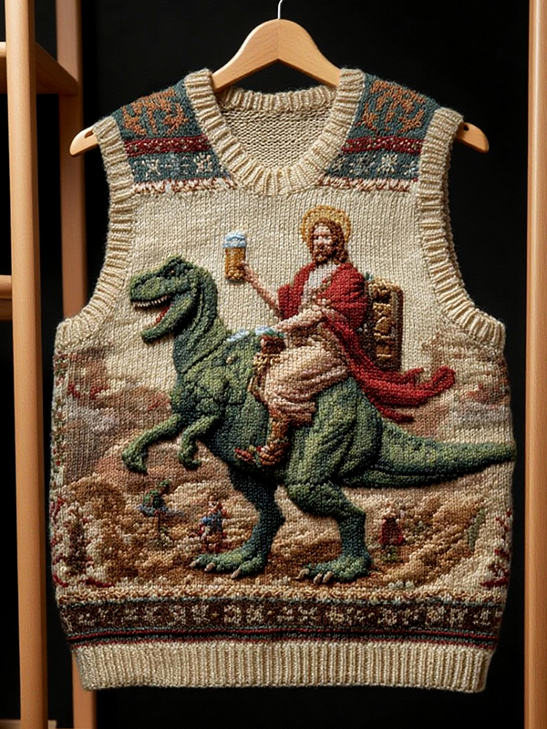 Men's Jesus Riding A Dinosaur And Drinking Beer Print V Neck Knit Vest