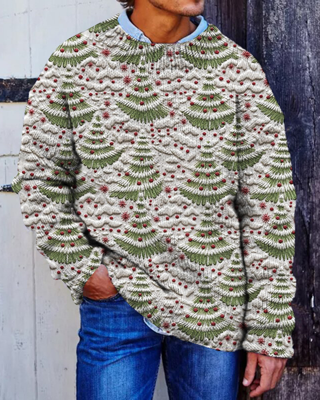 Men's Christmas Trees Felt Print Knit Sweatshirt