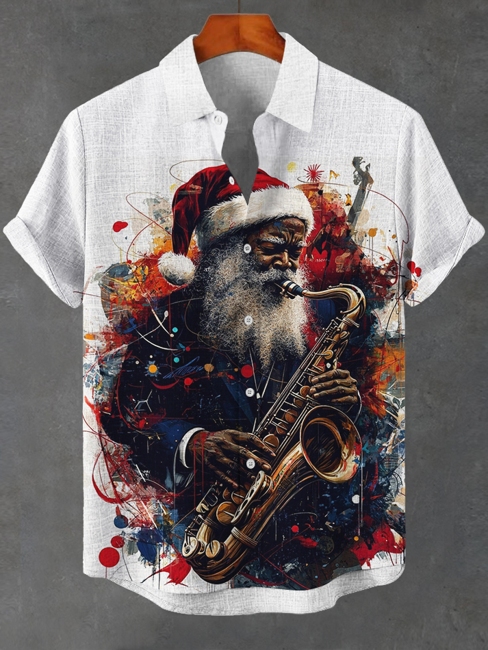 Men's Christmas Santa Saxophone Artist Print Short Sleeve Shirt