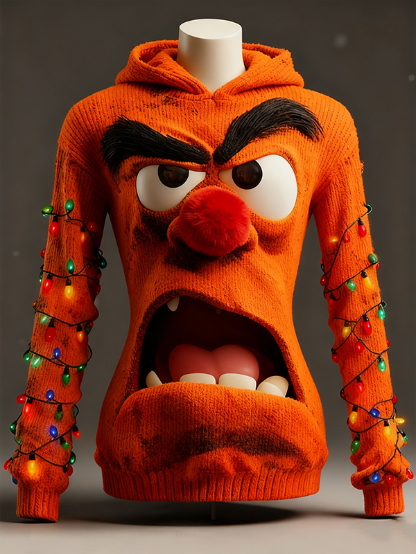Women's 3D Grumpy Face Ugly Christmas LED String Lights Print Knit Hoodie