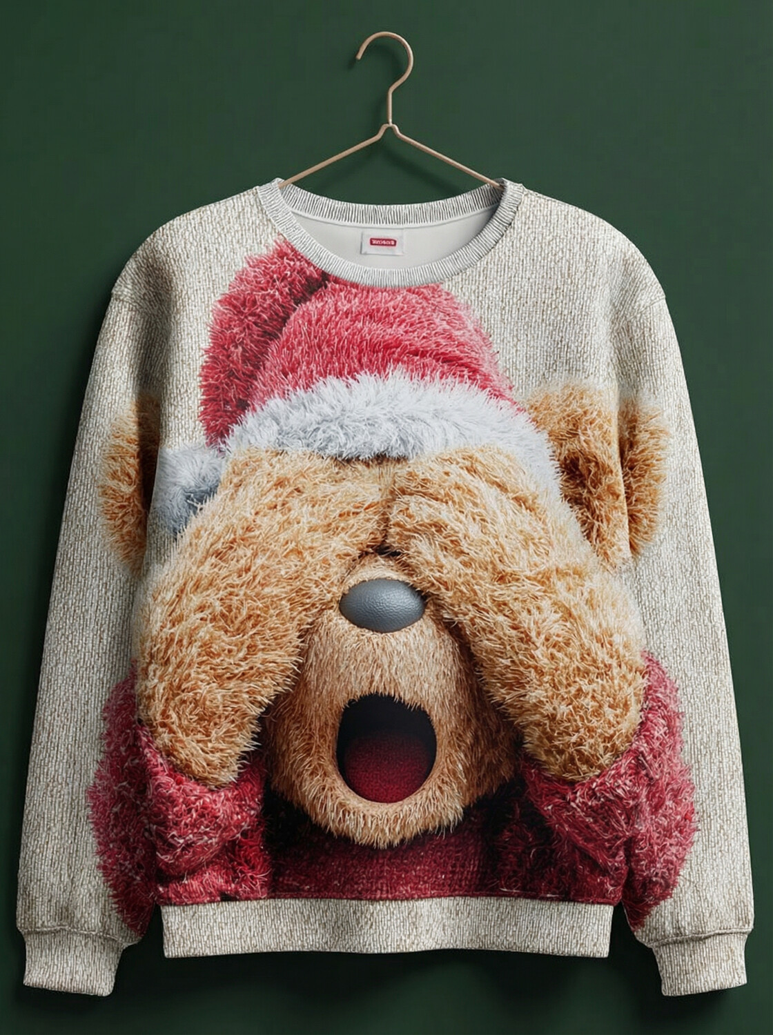 Men's Christmas Teddy Bear See No Evil Print Knit Sweatshirt