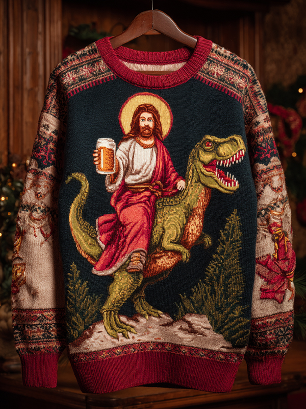 Men's Jesus Riding A Dinosaur And Drinking Christmas Art Print Knit Sweatshirt