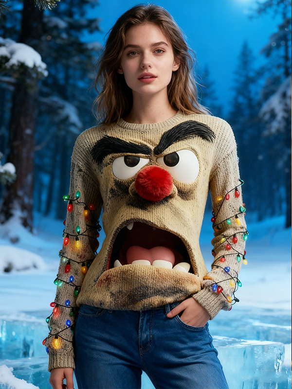 Women's 3D Grumpy Face Ugly Christmas LED String Lights Art Print Knit Sweatshirt