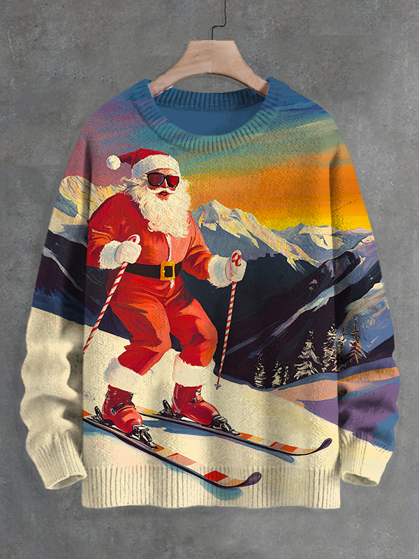 Men's Santa Claus Skiing Beautiful Scenery Print Knit Sweatshirt