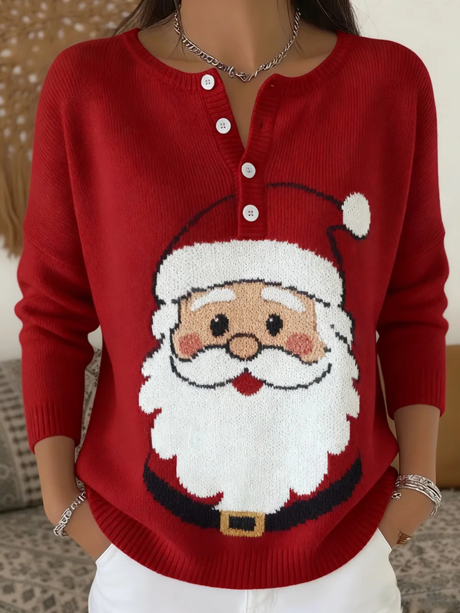 Women's Christmas Santa Claus Print Button Ribbed Long Sleeve T-Shirt