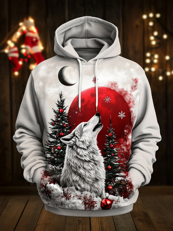 Men's Christmas Tree Howling Wolf Red Sun Art Print Hoodie