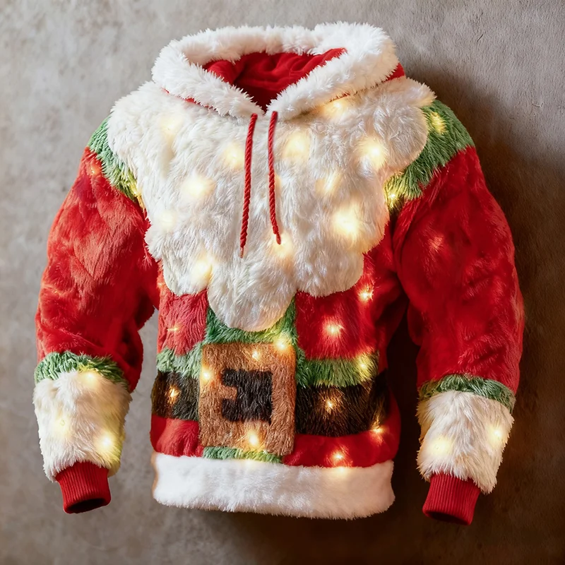 Men's Christmas Contrast Color Santa Claus Lights Print Casual Flannel Hoodie