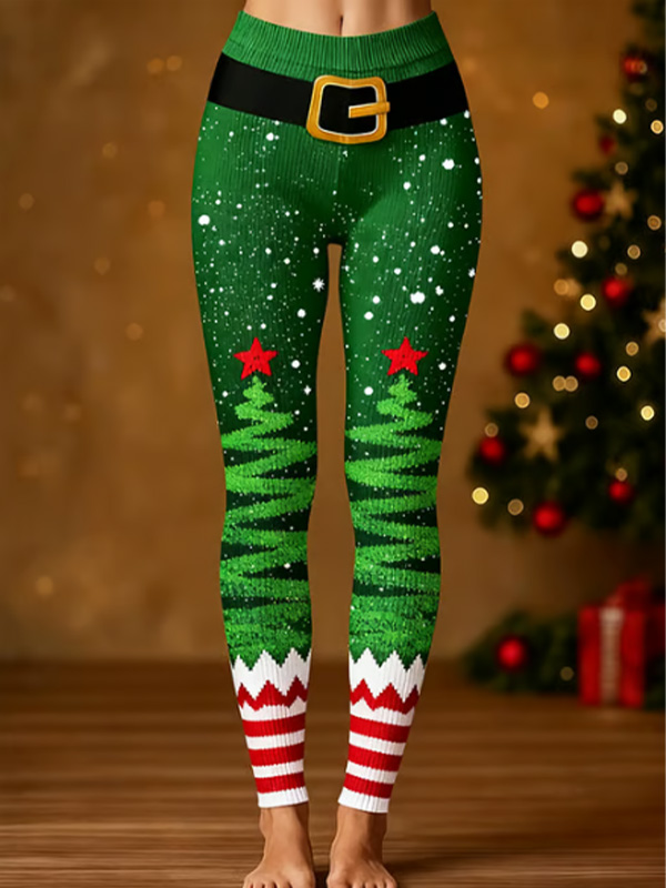 Women's Christmas Tree Striped Print Leggings
