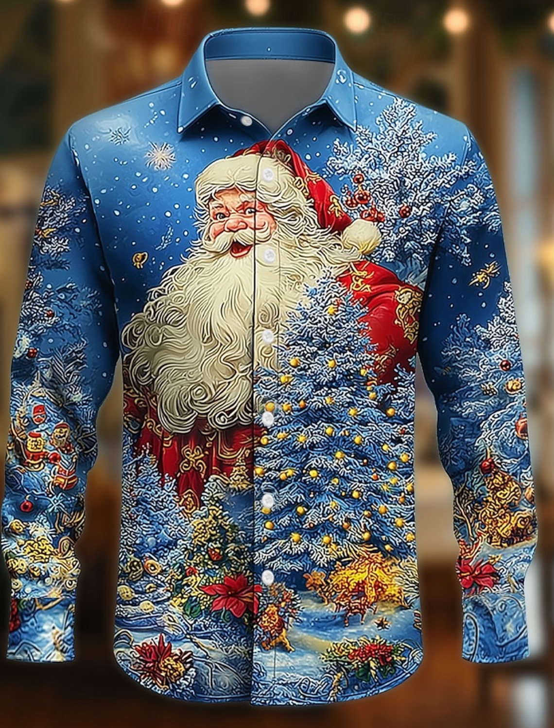 Men's Santa Claus Lights Christmas Tree Print Long Sleeve Shirt
