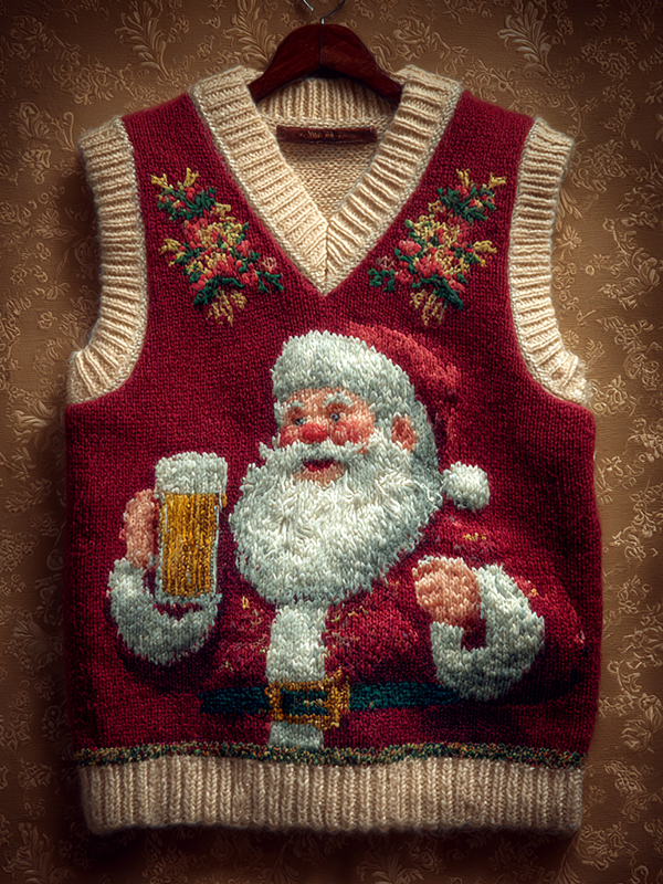Men's Christmas Santa Claus Drinking Beer Print Knit Vest