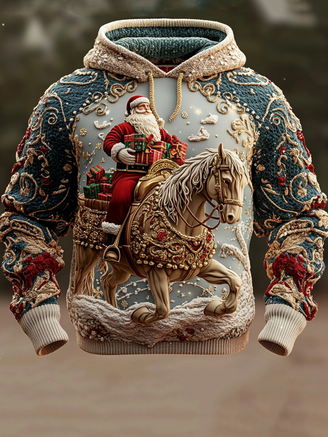 Men's Christmas Santa Claus Riding A Horse To Deliver Gifts Ethnic Patterns Art Print Casual Hooded Knit Sweatshirt