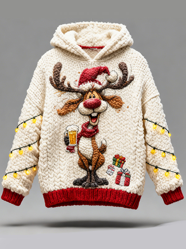 Men's Cartoon Reindeer Christmassy Print Knit Hoodie