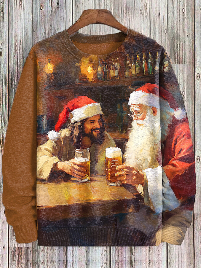 Men's Santa Claus And Jesus Drinking Beer Print Casual Sweatshirt