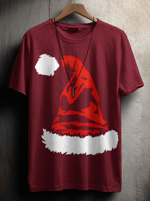 Men's Mysterious Santa Hat Print Cotton Casual T-Shirt