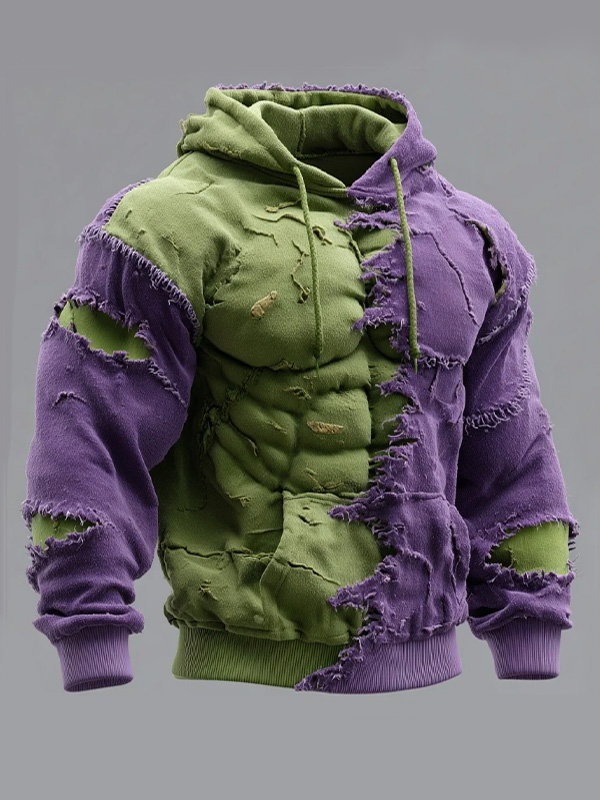 Men's Frayed Broken Color Blocks Fitness Art Print Hoodie