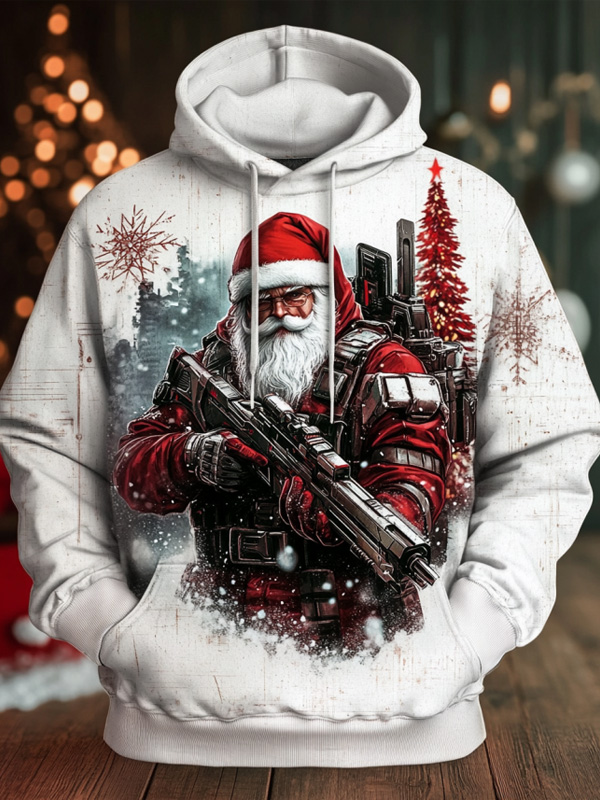 Men's Santa Claus Soldier Holding A Machine Gun Art Print Hoodie
