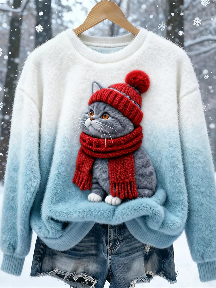 Women's Ombre Grey Cat in Red Beanie and Scarf  Pattern Art Print Knit Sweatshirt