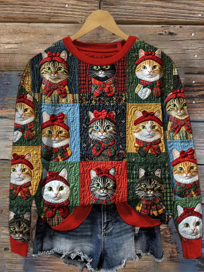 Women's Christmas Cat Colorblock Art Print Casual Sweatshirt