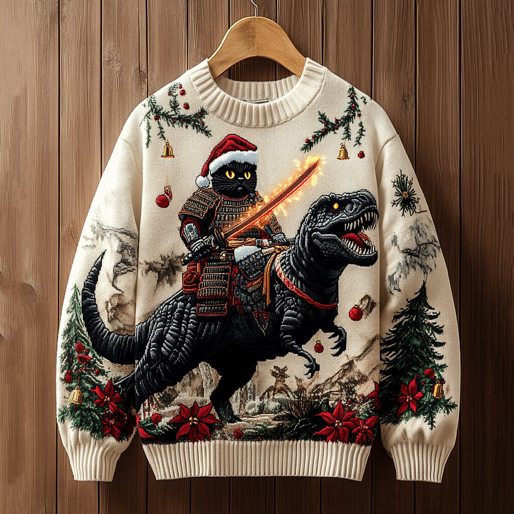 Men's Christmas Poinsettia Dinosaur Black Cat with Lightsaber Print Knit Sweatshirt