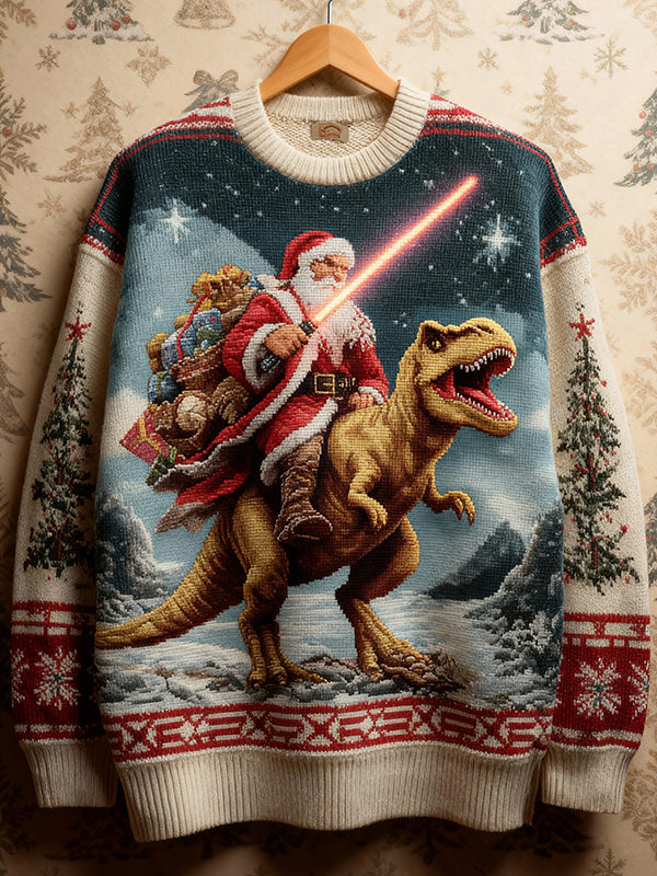 Men's Surrealism Santa Claus Riding A Dinosaur Print Knit Sweatshirt