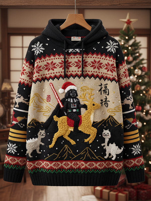 Men's Christmas Sci-Fi Art Warrior with Lightsaber Print Knit Hoodie