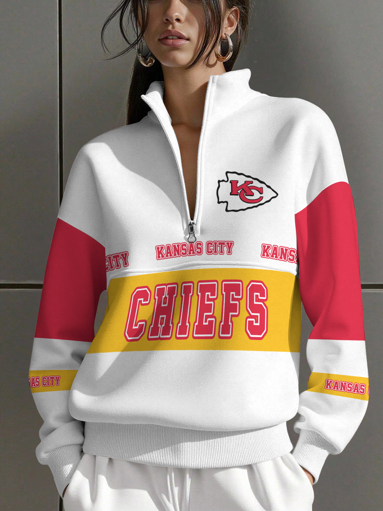 Kansas City Chiefs  Women Plain Color Zip Up Long Sleeve Sweatshirt