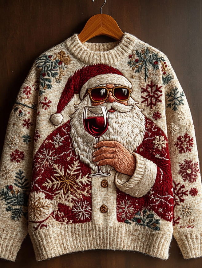 Men's Christmas Santa Claus Holding A Glass Of Red Wine Snowflake Print Knit Sweatshirt