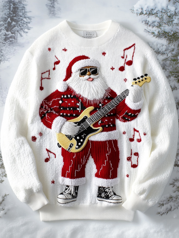 Men's Christmas Santa Claus Playing The Guitar Print Knit Sweatshirt