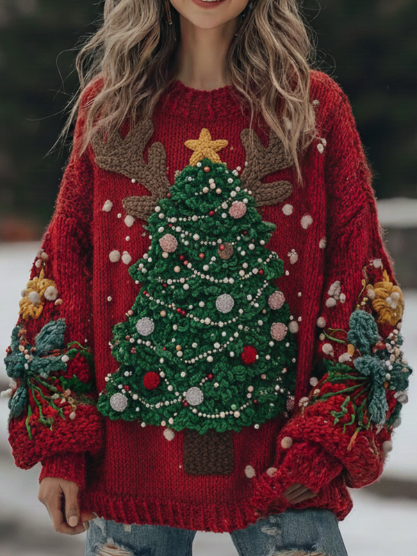 Women's Christmas Tree and Reindeer Antlers Print Knit Sweatshirt