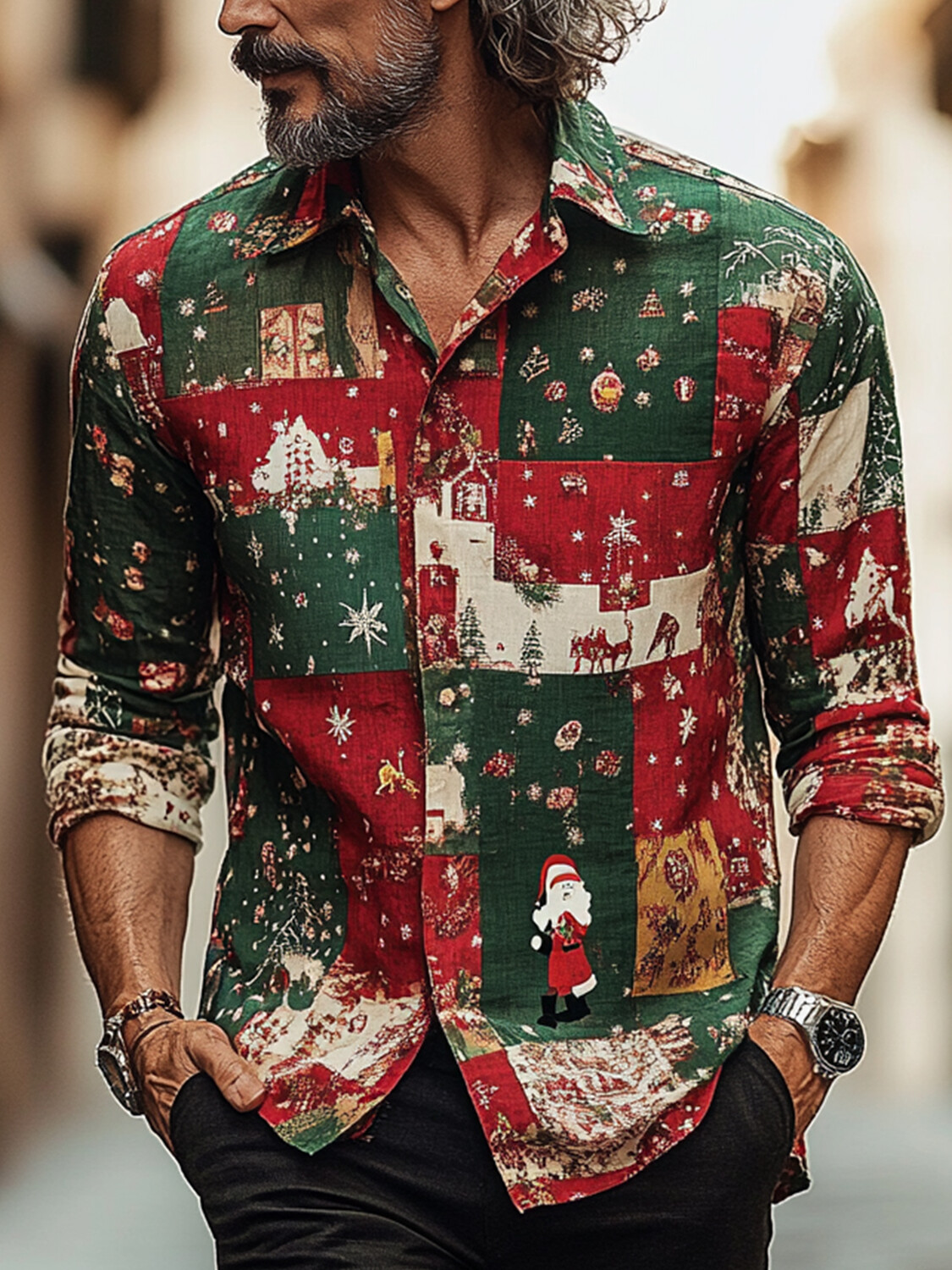 Men's Christmas Atmosphere Color Block Patchwork Print Long Sleeve Shirt