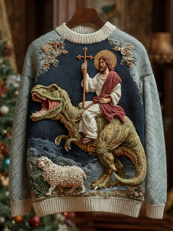 Men's Christmas Jesus Holding A Cross Dinosaurs And Religious Art Print Knit Sweatshirt