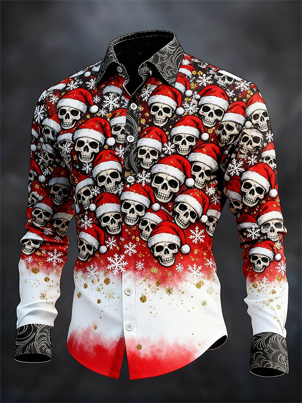 Men's Christmas Santa Hat Skulls Snowflake Print Long Sleeve Shirt