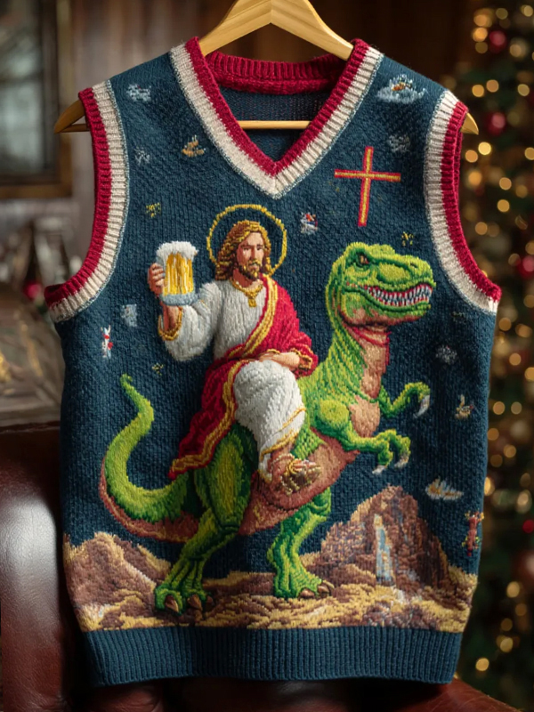 Men's Jesus Riding A Dinosaur And Drinking Beer Print V Neck Knit Vest