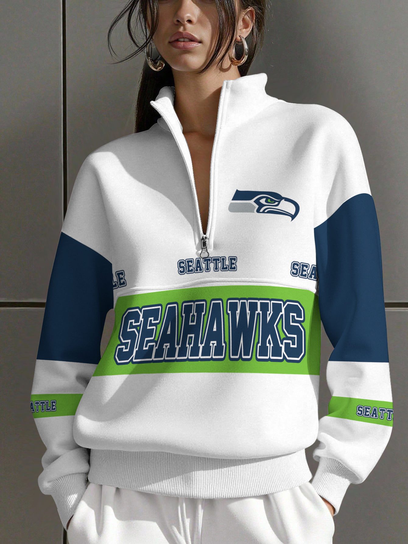 Seattle Seahawks  Women Plain Color Zip Up Long Sleeve Sweatshirt
