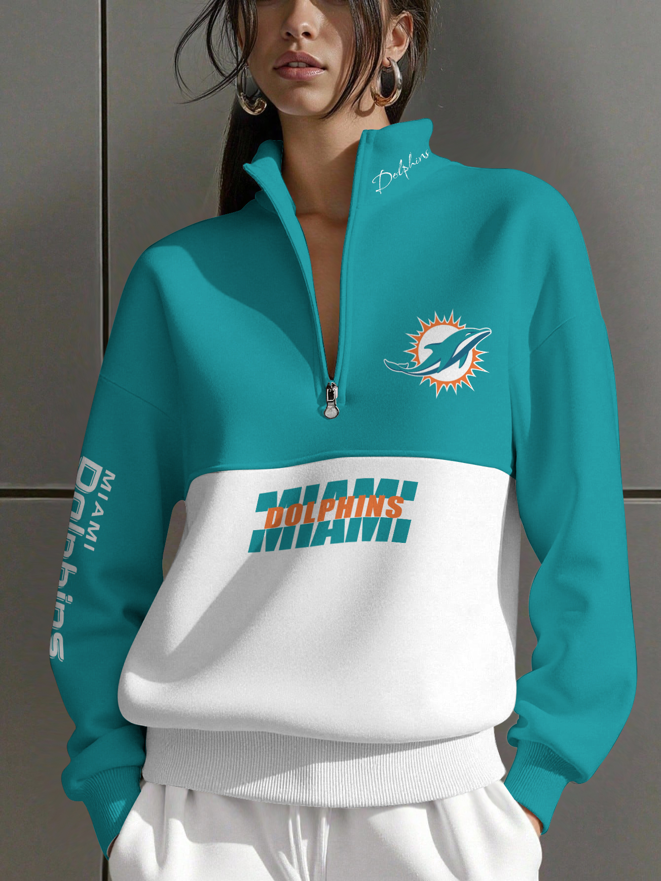 Miami Dolphins Women Plain Color Zip Up Long Sleeve Sweatshirt